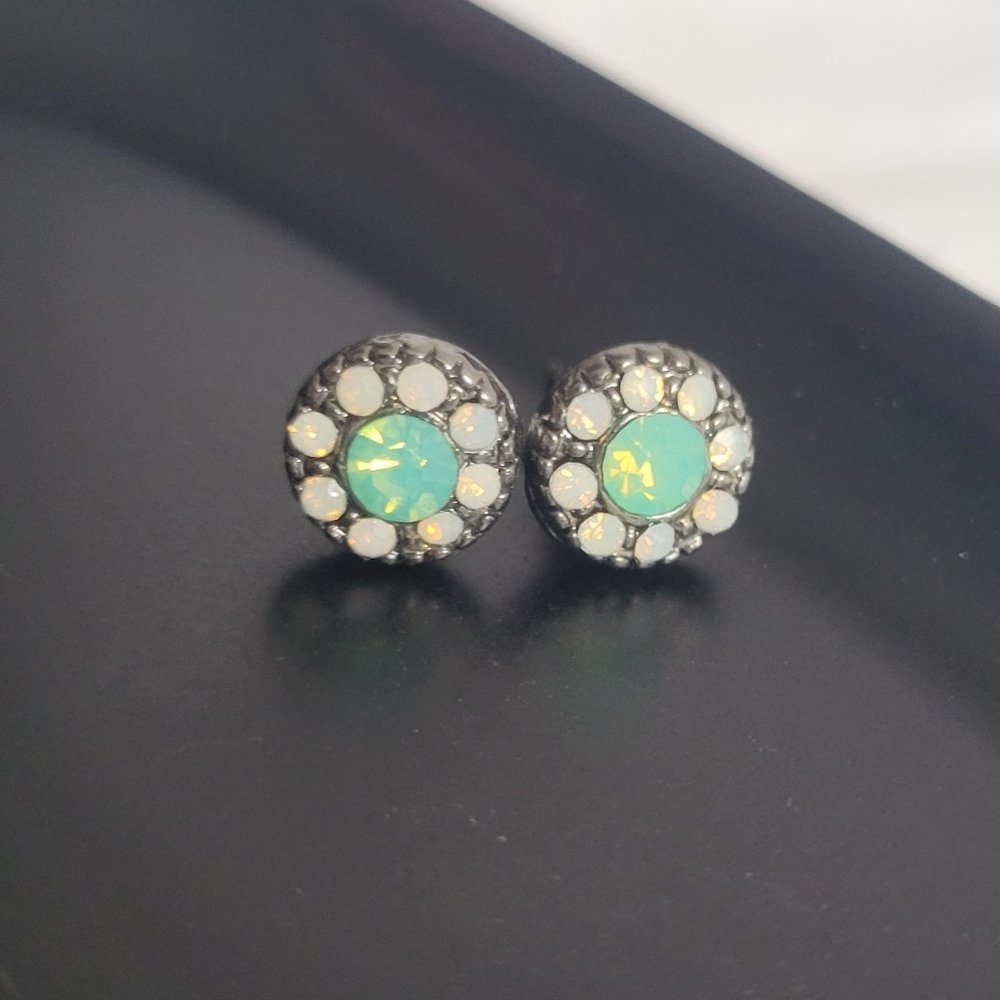 Silver Stud Earrings with White and Green Stones